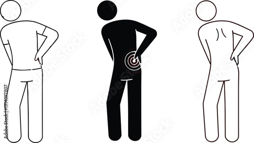 Back pain illustration, human figure holding lower back, medical health concept, minimal vector silhouette and outline icon design style