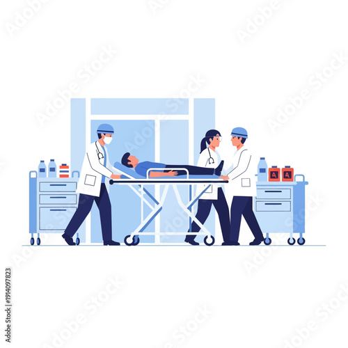 Medical professionals transport patient on stretcher in hospital hallway.