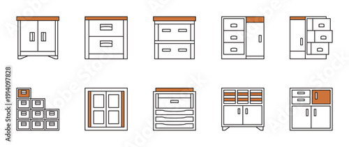 10 different type of school and office filing cabinet icon set.