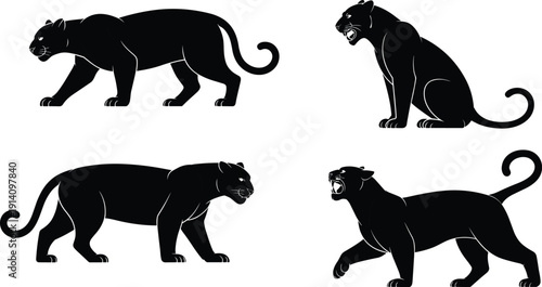 Stylized black panther illustrations in dynamic poses, sleek minimalist design with blue outlines, roaring, prowling, walking, aggressive stride