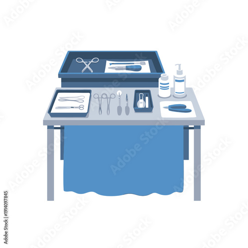 Veterinary surgical instruments laid out on a table for a procedure.