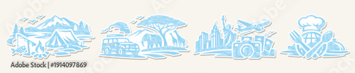 Blue Sketch Travel Sticker Set - Safari, Camping, City & Food Adventures