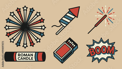 Retro Firework Vector Icon Set - 4th of July Celebration Elements