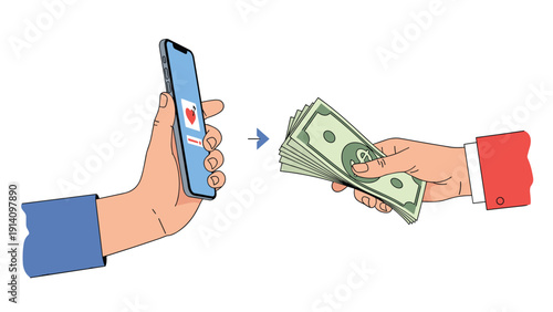 Concept illustration showing one hand holding a smartphone with a dating app and another hand handing over a stack of cash as a payment.