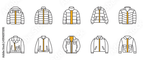 10 different type jacket icon set with yellow accents and black lines