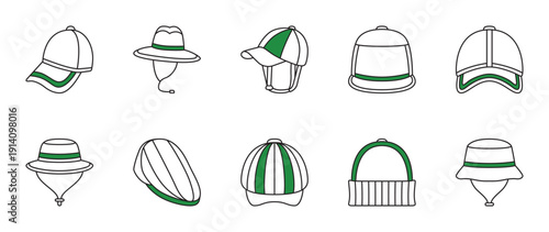 Casual Everyday Hats icon set with green accents.