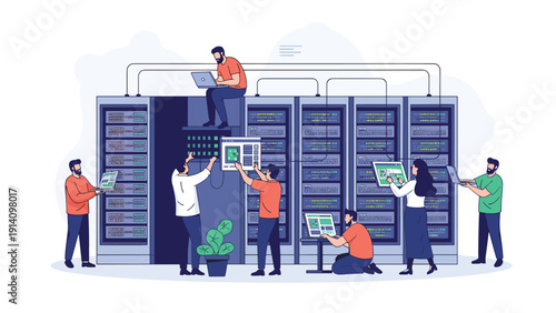 Skilled technical team of IT professionals maintaining and configuring network servers in a large high-tech data center or server room.