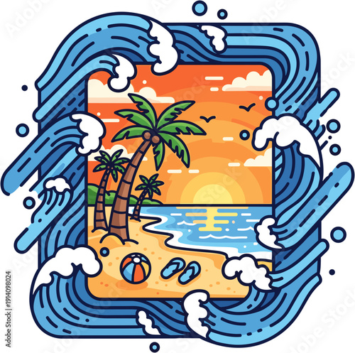 Beach sunset scene with waves, palm trees, and beach ball in vibrant colors