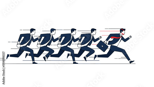 Group of businessmen in suits competing in a race with one determined leader out in front carrying a briefcase towards a finish line.