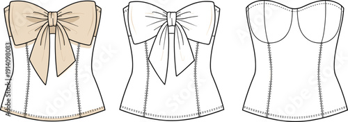 Women strapless corset top technical flat sketch, front bow detail bustier illustration, sweetheart neckline bodice fashion design template vector, apparel.