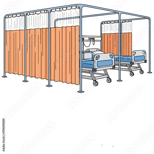 Hospital Ward With Medical Beds And Privacy Curtains.