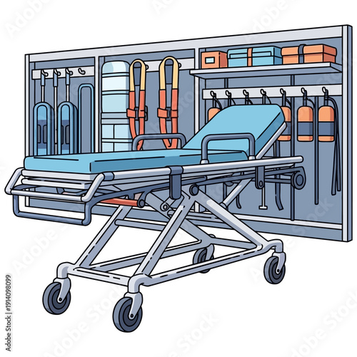 Medical Stretcher Equipment in Hospital Storage Room.