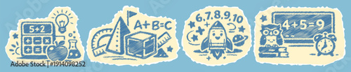 Playful Blue Scribble Math Stickers: Hand Drawn Kids Education Clipart
