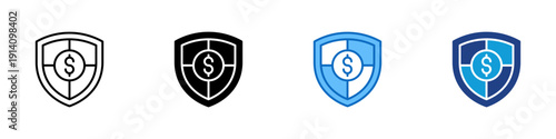 Secure Investment Multiple Style Icon Design Vector - Shield with dollar target representing financial security, investment protection, and risk control