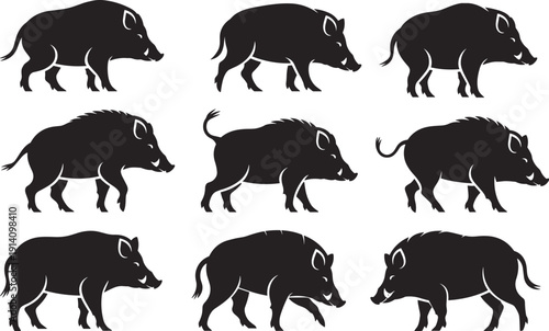 Stylized wild boar silhouettes in artistic grid, nine unique animal poses, black vector design for logo, illustration, decoration