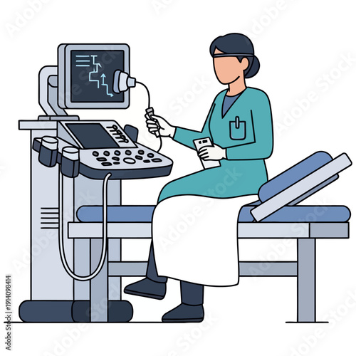 Medical professional operating ultrasound machine for patient examination.