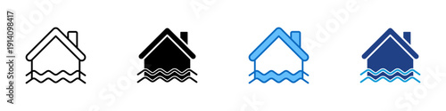 Flooded House Multiple Style Icon Design Vector - House above water waves representing flood damage, natural disaster risk, and property insurance claims