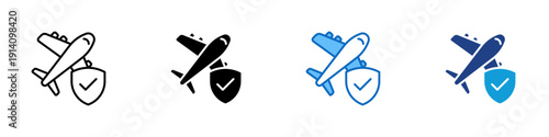 Flight Protection Multiple Style Icon Design Vector - Airplane with check shield representing travel protection, flight security, and trip insurance coverage
