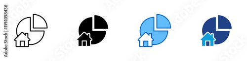Housing Market Multiple Style Icon Design Vector - House with pie chart representing housing market share, property analytics, and real estate statistics