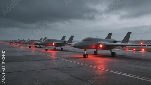 Military jets lined up on runway