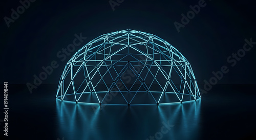 Glowing blue geodesic dome structure with triangular framework.