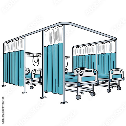Hospital Ward With Beds And Curtains.