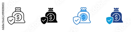 Money Guarantee Multiple Style Icon Design Vector - Money bag with check shield representing payment guarantee, financial approval, and secure funding