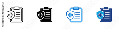 Medical Insurance Coverage Multiple Style Icon Design Vector - Medical clipboard with shield and cross representing health insurance coverage, patient protection, and clinical documentation