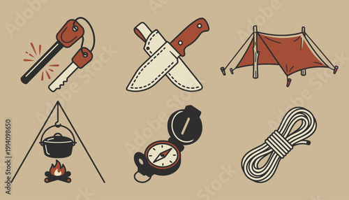 Vintage Camp Essentials Icon Set - Outdoor Survival Gear Illustration