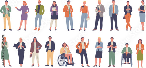 Diverse business people standing with smartphones and documents, inclusive corporate team including wheelchair users, modern office professionals flat vector illustration isolated background