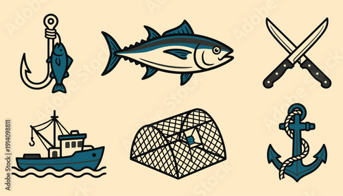 Vintage Fishing and Seafood Nautical Sticker Pack