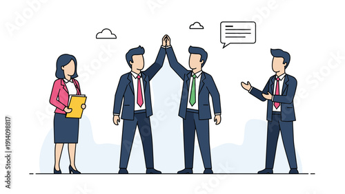 Two businessmen celebrating a successful deal with a high five while their colleagues look on in a simple office environment background.