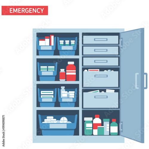 Medical Emergency Cabinet Filled With Medications And Supplies.