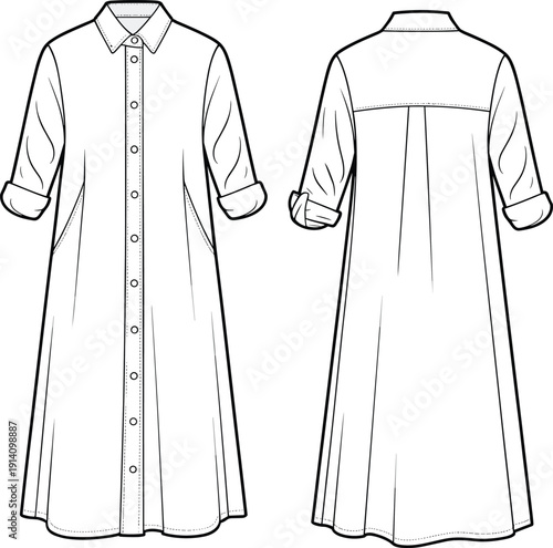Women button down shirt dress outline illustration featuring front and back views with long sleeves and collar isolated on light background fashion template