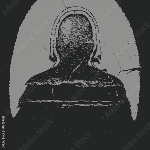 Cracked Silhouette Person Wearing Headset on Grey Background