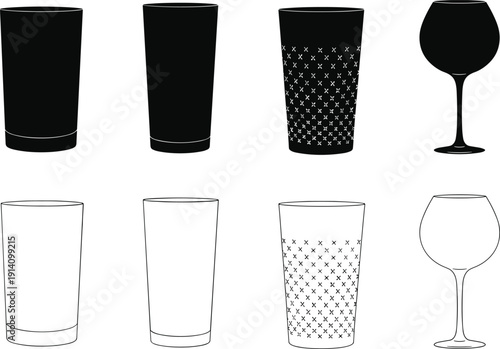 Drinking glass and wine glass silhouettes in black and white isolated on white background for bar restaurant drinkware design illustration
