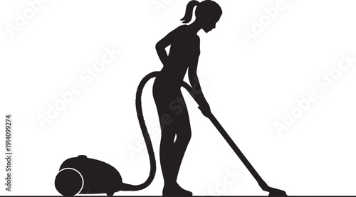 Black silhouette of woman vacuuming with a vacuum cleaner 1