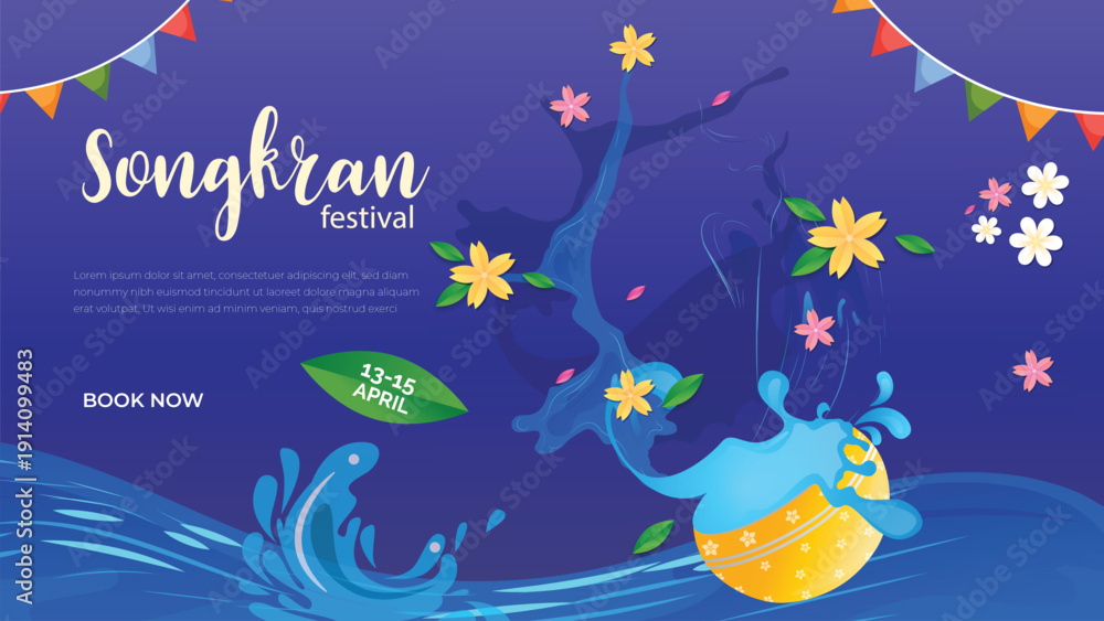 Obraz premium Songkran 2026 festival banner of thailand with water splash. thai new year celebration template 