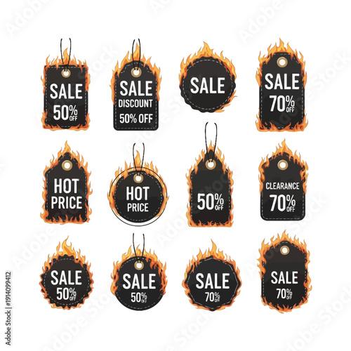 Collection of fiery sale tags and hot price labels with various discount percentages.