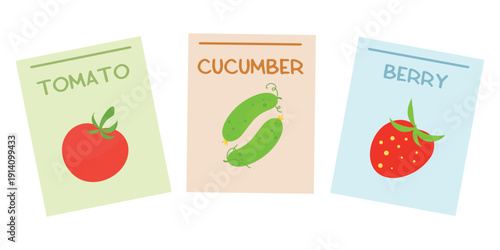 Seed Pack Set, Vegetable and Berries Seed. Garden Seed Packets, Tomato Cucumber Berry Vector. Seed Packet Illustration