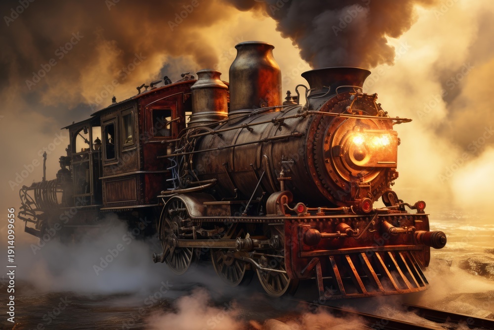 Fototapeta premium Steampunk locomotive traveling on tracks, surrounded by thick smoke and warm light