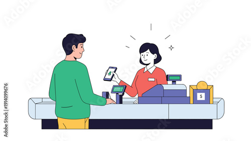 Modern customer using his smartphone for a quick contactless payment at a store checkout counter while the cashier waits with a smile.