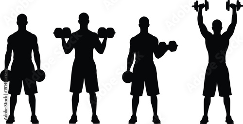 Fitness man lifting dumbbells in different exercise poses silhouette isolated on white background for gym training strength workout concept illustration