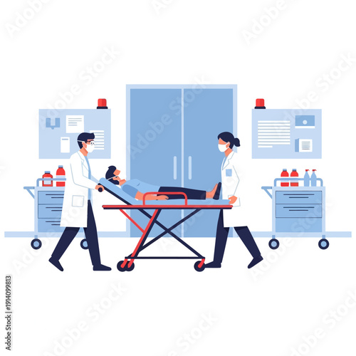 Medical professionals transport patient on stretcher in hospital corridor.