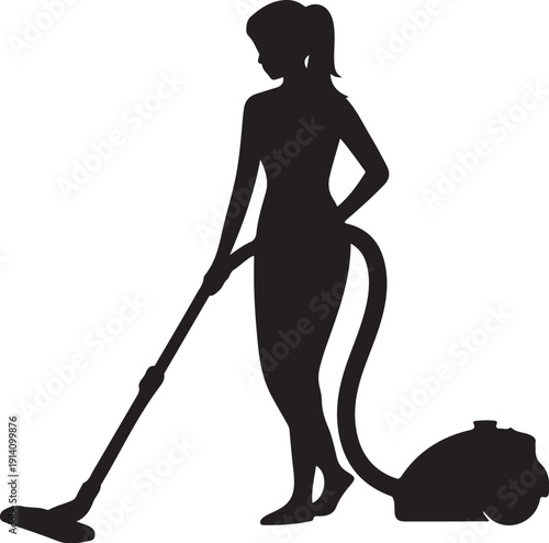 Black silhouette woman vacuuming carpet with vacuum cleaner