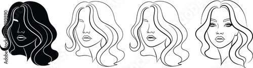 Female face illustration set, woman portrait line art, beauty concept, minimal vector silhouette and outline hairstyle icon design