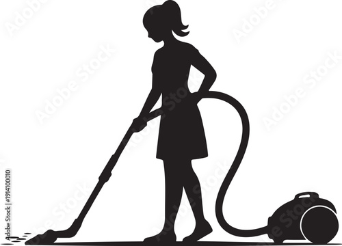 Black silhouette woman vacuuming carpet with vacuum cleaner
