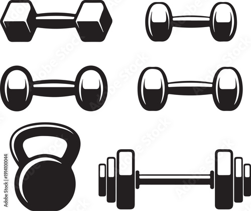 black and white silhouette of various gym weights and dumbbells for fitness