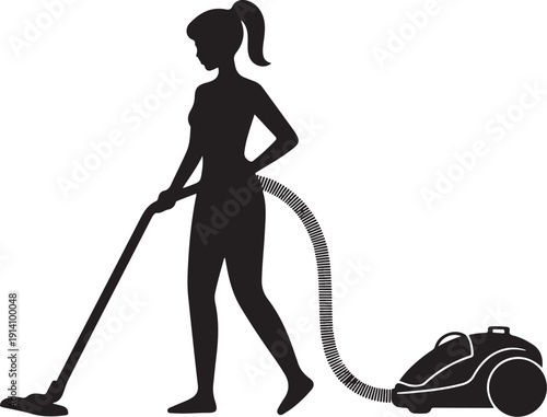 Black silhouette woman vacuuming with a vacuum cleaner