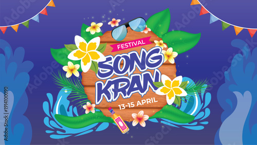 Songkran water festival thailand, water and flower in bowl, banana leaf, water gun, clear water drop and flag summer holiday banners design on blue background,